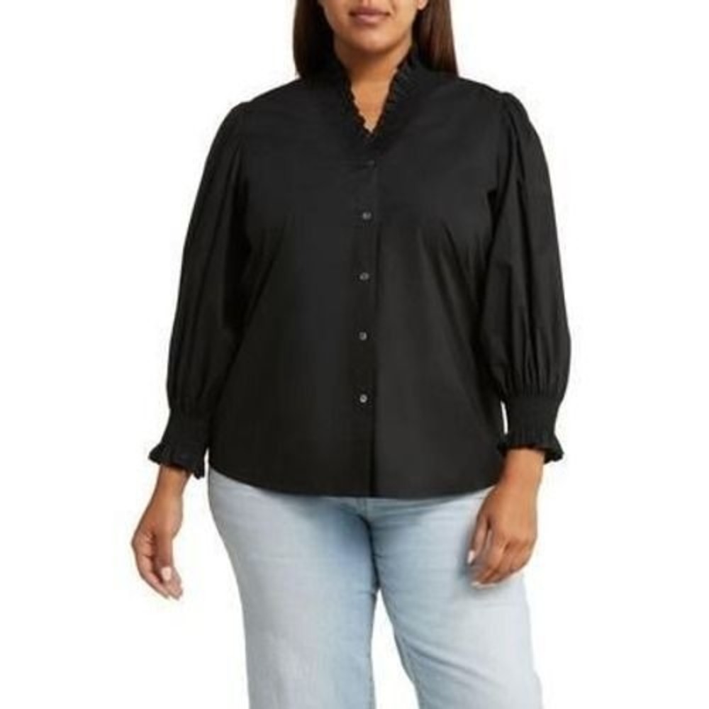 Harshman Los Angeles Bonnie Shirt Black Ruffle V-Neck Smocked Blouse 1X NEW